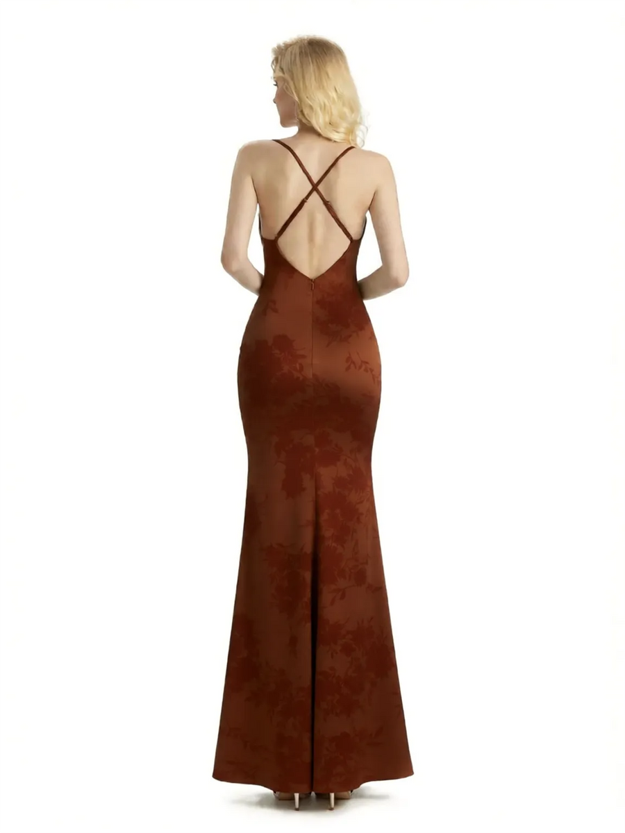 Sexy Jewel Spaghetti Straps Mermaid Long Satin Floral Formal Dresses For Women