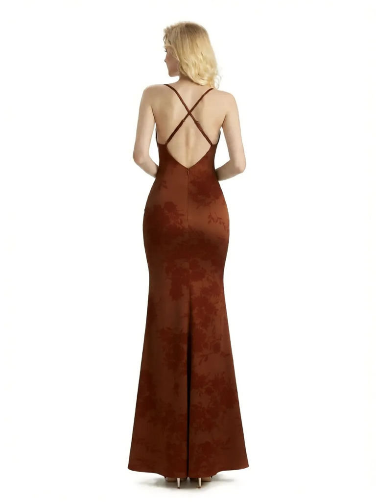 Sexy Jewel Spaghetti Straps Mermaid Long Satin Floral Formal Dresses For Women