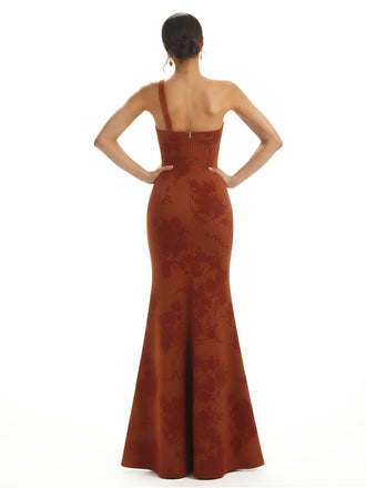 Elegant One Shoulder Side Slit Mermaid Floral Satin Maxi Floral Formal Dresses For Women