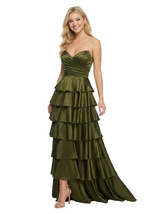 Classy Strapless Tiered Ruffle Lace Up Back Glossy Satin A-Line Prom Dress