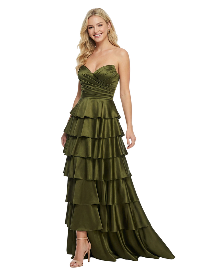 Classy Strapless Tiered Ruffle Lace Up Back Glossy Satin A-Line Prom Dress
