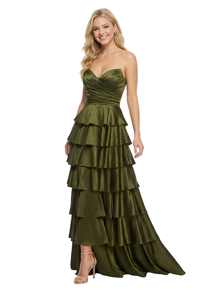 Classy Strapless Tiered Ruffle Lace Up Back Glossy Satin A-Line Prom Dress