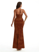 Simple Spaghetti Straps Slit Mermaid Floral Satin Maxi Floral Formal Dresses For Women