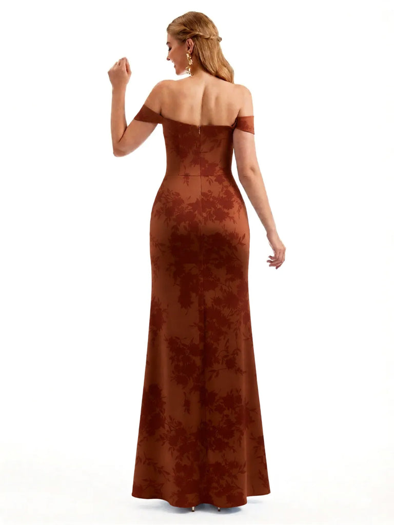 Beautiful Off Shoulder Side Slit Mermaid Floral Satin Maxi Floral Formal Dresses For Women