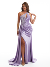 Sexy One Shoulder Beaded Lace Satin Mermaid Side Slit Long Bridesmaid Dresses Online