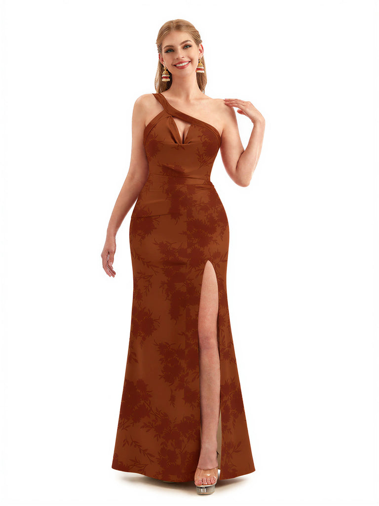 Beautiful One Shoulder Side Slit Mermaid Floral Satin Maxi Floral Formal Dresses For Women