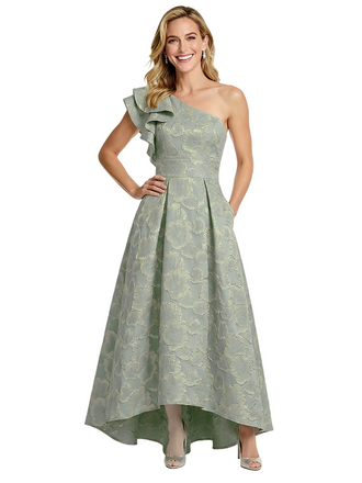 ChicSew Elegant Floral Jacquard One Shoulder Ruffle A-Line Long Formal Evening Dresses