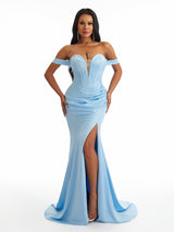 Sexy Lace Up Back Off The Shoulder Side Split Mermaid Soft Satin Long Bridesmaid Dresses