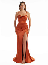 Sexy Cowl Neck Side Slit Long Satin Modern Formal Bridesmaid Dresses in stock
