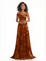Trendy Off Shoulder A-Line Long Floral Satin Women Formal Evening Dresses