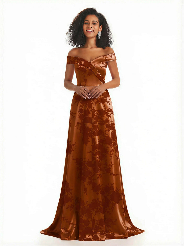 Trendy Off Shoulder A-Line Long Floral Satin Women Formal Evening Dresses