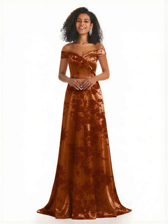 Trendy Off Shoulder A-Line Long Floral Satin Women Formal Evening Dresses