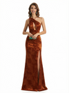 Simple One Shoulder Side Slit Mermaid Floral Satin Maxi Floral Formal Dresses For Women