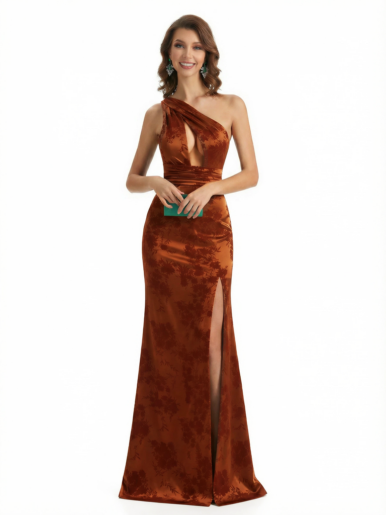 Simple One Shoulder Side Slit Mermaid Floral Satin Maxi Floral Formal Dresses For Women - ChicSew Simple One Shoulder Side Slit Mermaid Floral Satin Maxi Floral Formal Dresses For Women - ChicSew