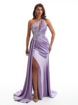 Sexy One Shoulder Sequined Lace Satin Mermaid Side Slit Long Bridesmaid Dresses Online