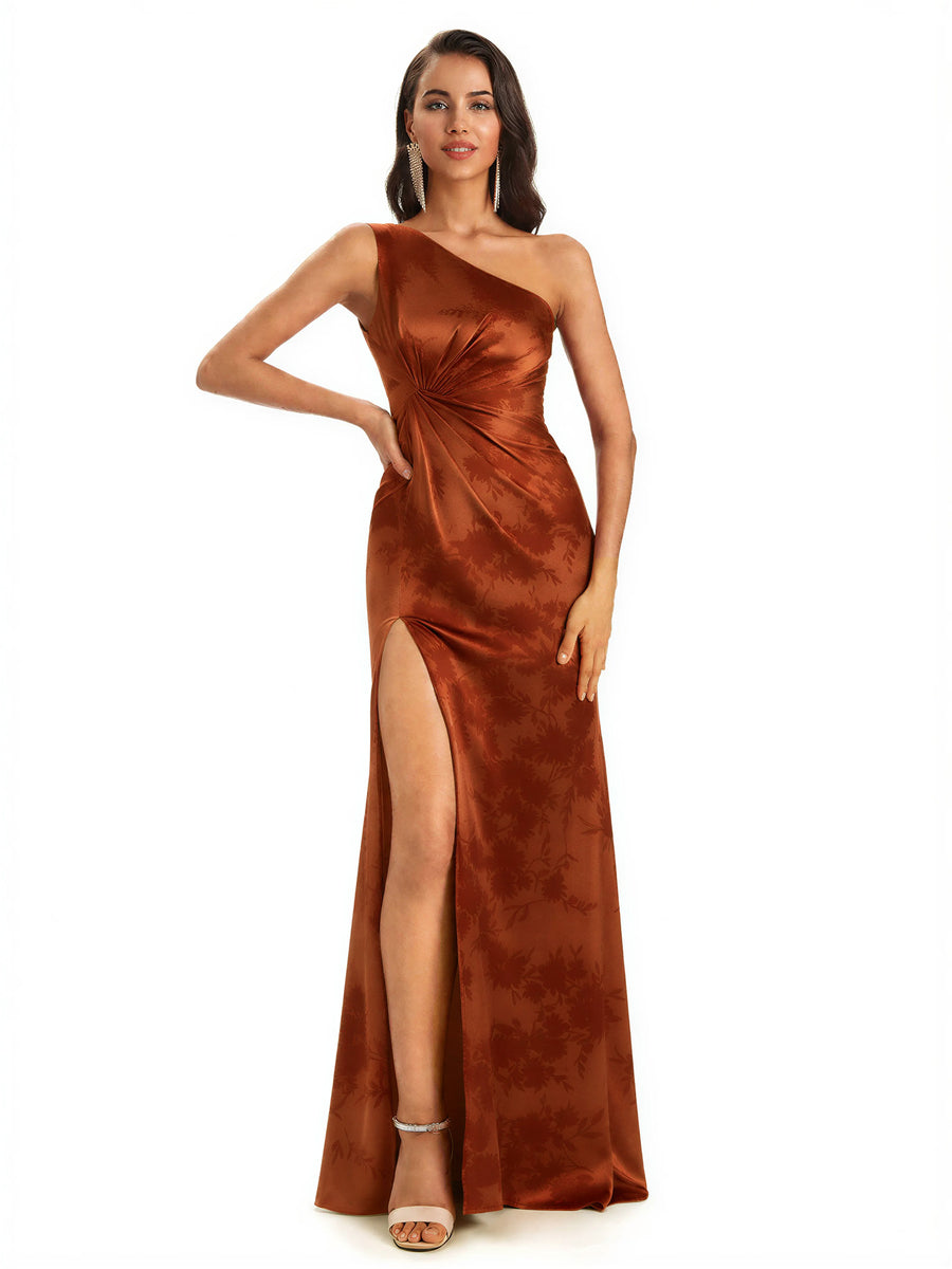 Elegant One Shoulder Mermaid Side Slit Floral Satin Maxi Floral Formal Dresses For Women