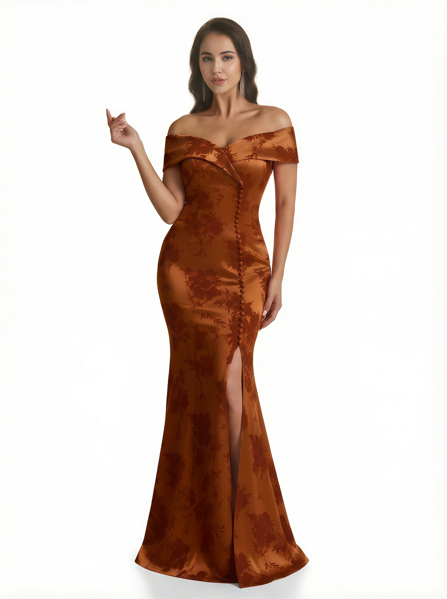 Sexy Off Shoulder Mermaid Long Satin Floral Formal Dresses For Women