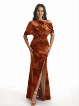 Elegant Half Sleeves Side Slit Mermaid Floral Satin Maxi Floral Formal Dresses For Women