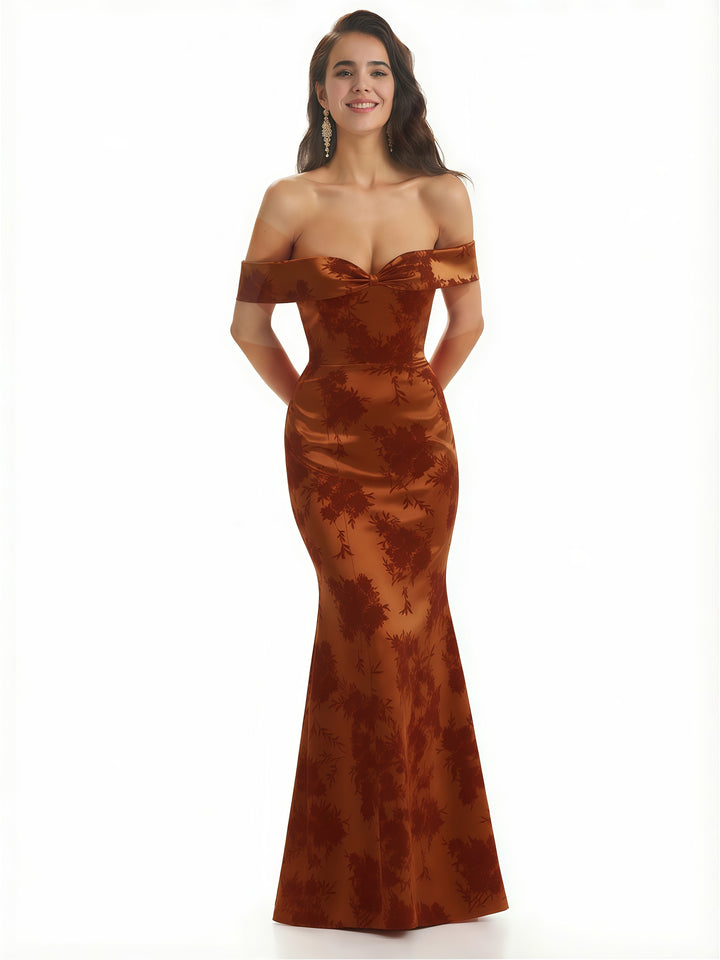 Elegant Off Shoulder Mermaid Floral Satin Maxi Floral Formal Evening Dresses