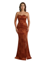 Trendy Sweetheart Strapless Side Slit Mermaid Long Satin Floral Formal Dresses For Women