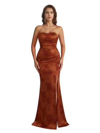 Trendy Sweetheart Strapless Side Slit Mermaid Long Satin Floral Formal Dresses For Women