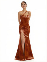 Elegant One Shoulder Side Slit Mermaid Floral Satin Maxi Floral Formal Dresses For Women