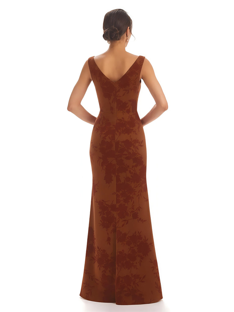 Trendy V-Neck Mermaid Floral Satin Maxi Floral Formal Evening Dresses For Women