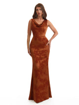 Elegant Spaghetti Straps Cowl Mermaid Long Satin Floral Formal Evening Dresses For Ladies
