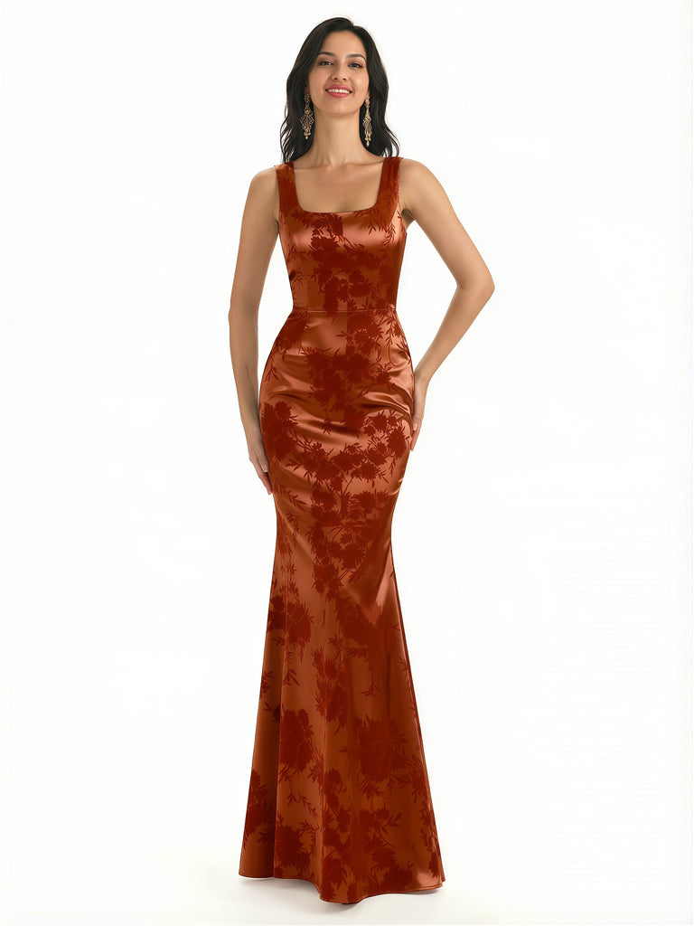 Elegant Spaghetti Straps Square Mermaid Long Satin Floral Formal Evening Dresses For Ladies