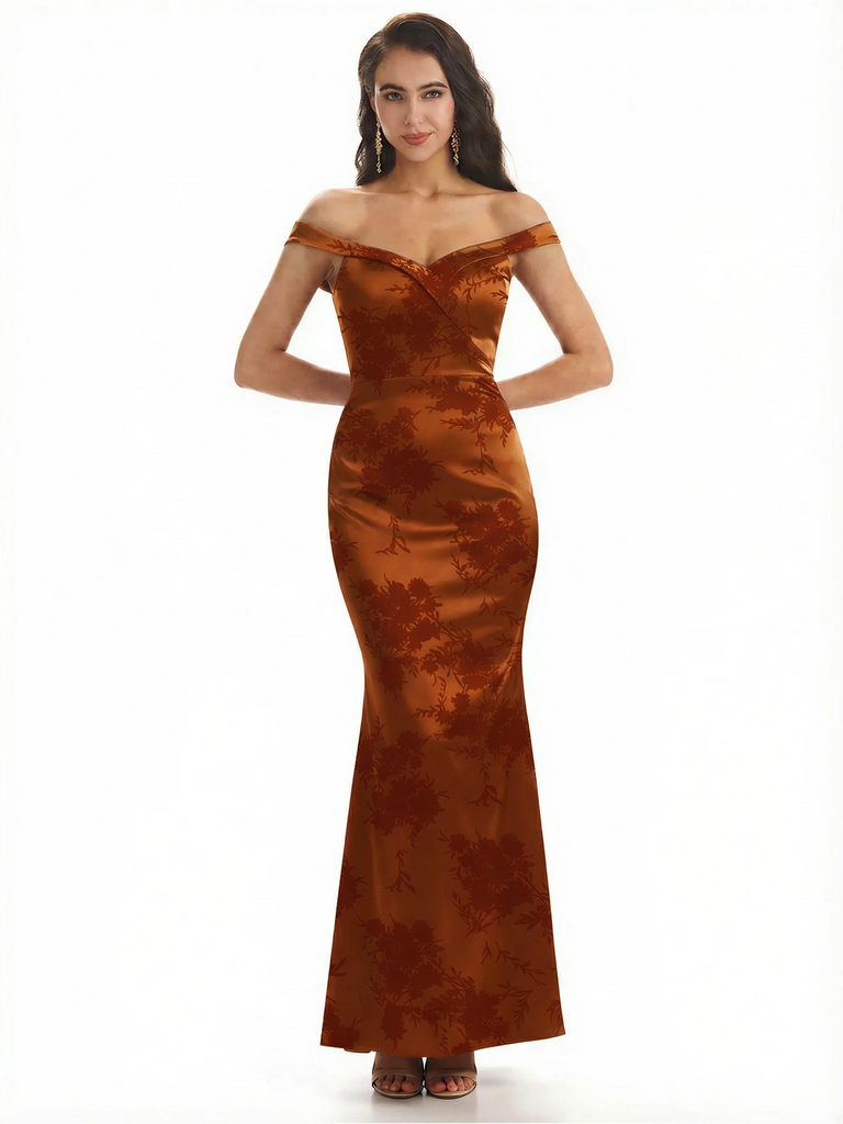 Simple Off Shoulder Mermaid Floral Satin Maxi Floral Formal Dresses For Women
