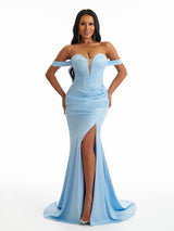 Sexy Lace Up Back Off The Shoulder Side Split Mermaid Soft Satin Long Bridesmaid Dresses