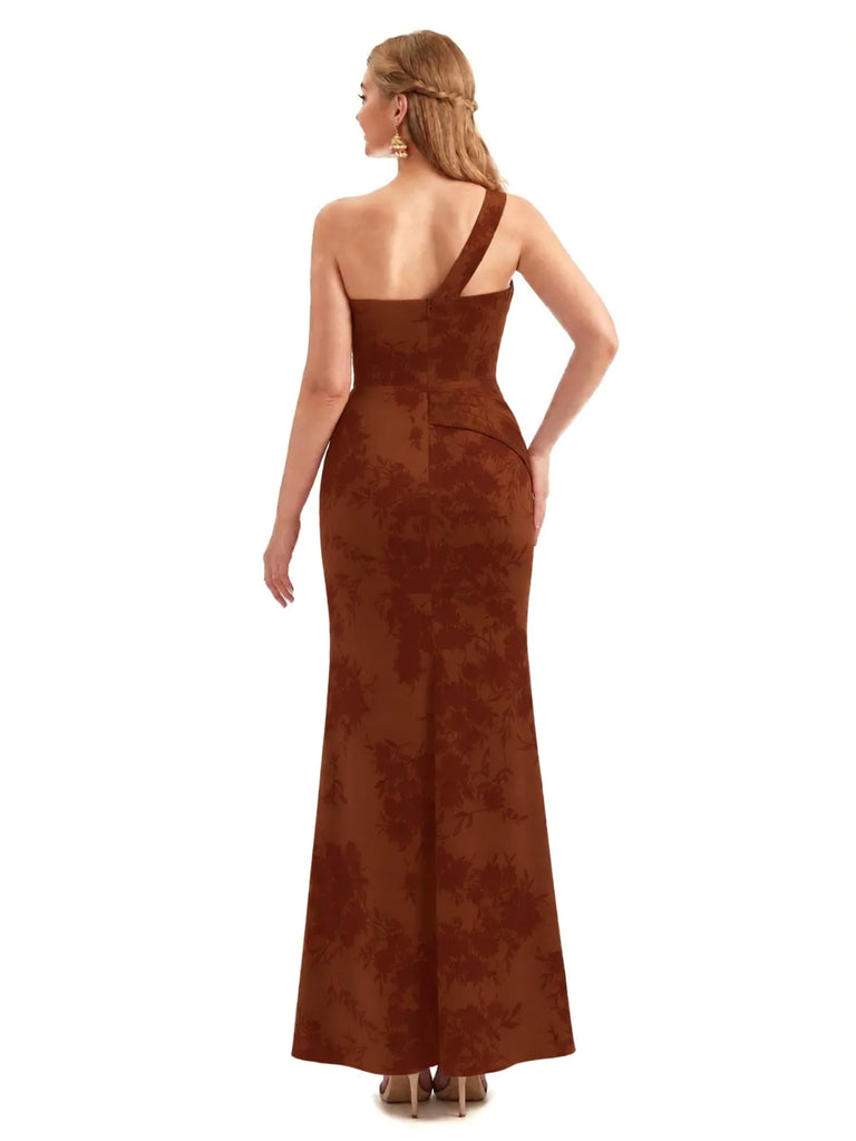 Beautiful One Shoulder Side Slit Mermaid Floral Satin Maxi Floral Formal Dresses For Women