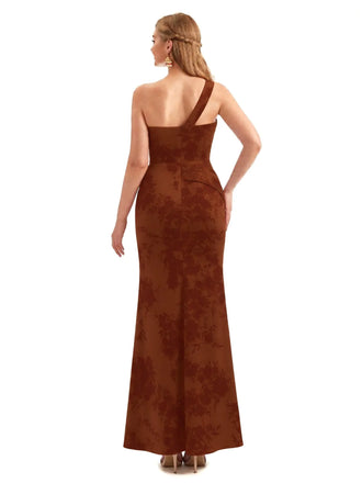 Beautiful One Shoulder Side Slit Mermaid Floral Satin Maxi Floral Formal Dresses For Women