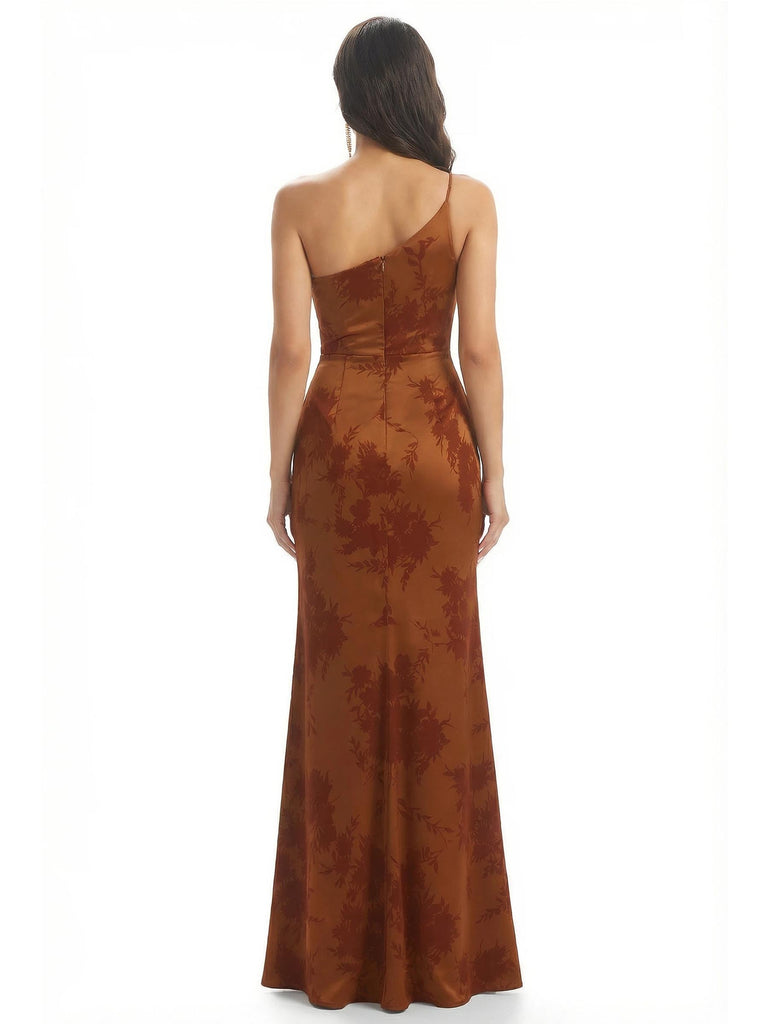 Elegant One Shoulder Mermaid Long Satin Floral Formal Dresses For Women