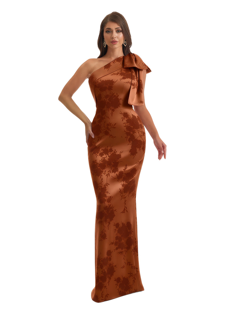 Elegant One Shoulder Mermaid Long Satin Floral Formal Dresses For Women With Back Slit