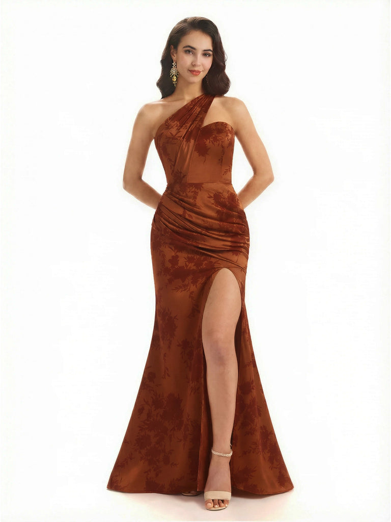 Sexy One Shoulder Side Slit Mermaid Satin Floral Formal Dresses For Women