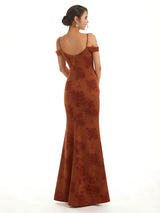 Trendy Cold Shoulder Side Slit Mermaid Floral Satin Maxi Floral Formal Dresses For Ladies