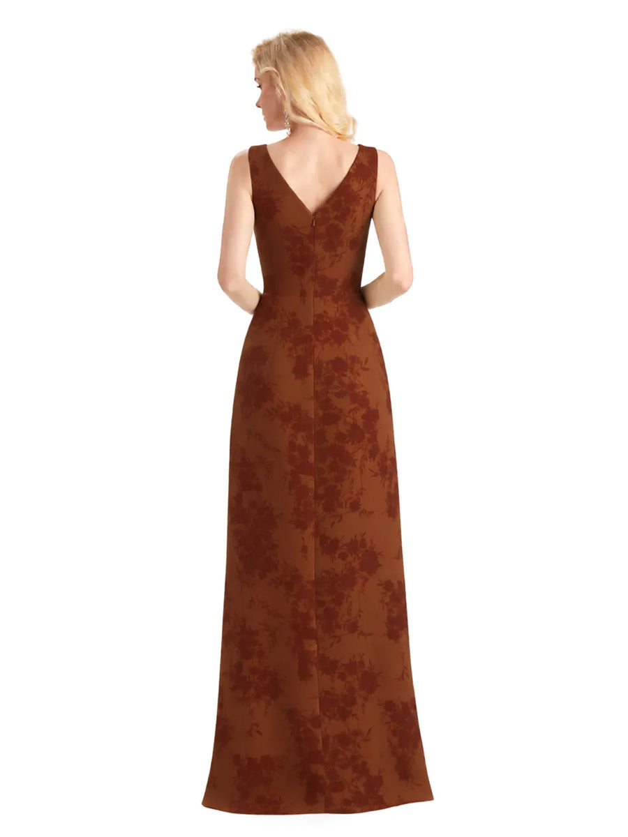 Beautiful V-Neck Mermaid Floral Satin Maxi Floral Formal Dresses For Women