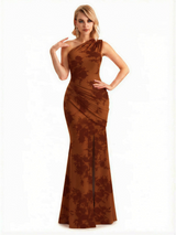 Sexy One Shoulder Side Slit Mermaid Long Satin Floral Formal Dresses For Women