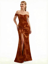 Beautiful Off Shoulder Side Slit Mermaid Floral Satin Maxi Floral Formal Dresses For Women