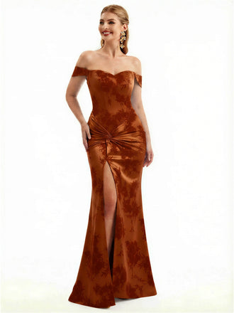Beautiful Off Shoulder Side Slit Mermaid Floral Satin Maxi Floral Formal Dresses For Women