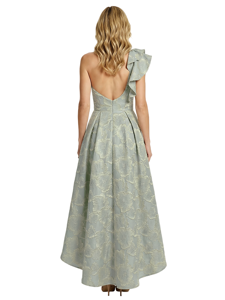 ChicSew Elegant Floral Jacquard One Shoulder Ruffle A-Line Long Formal Evening Dresses