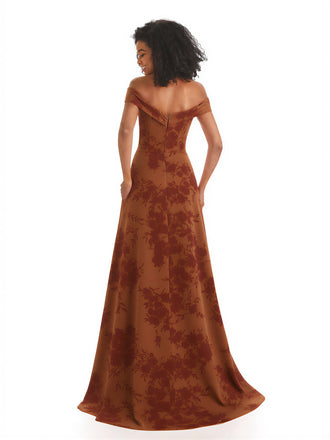 Trendy Off Shoulder A-Line Long Floral Satin Women Formal Evening Dresses