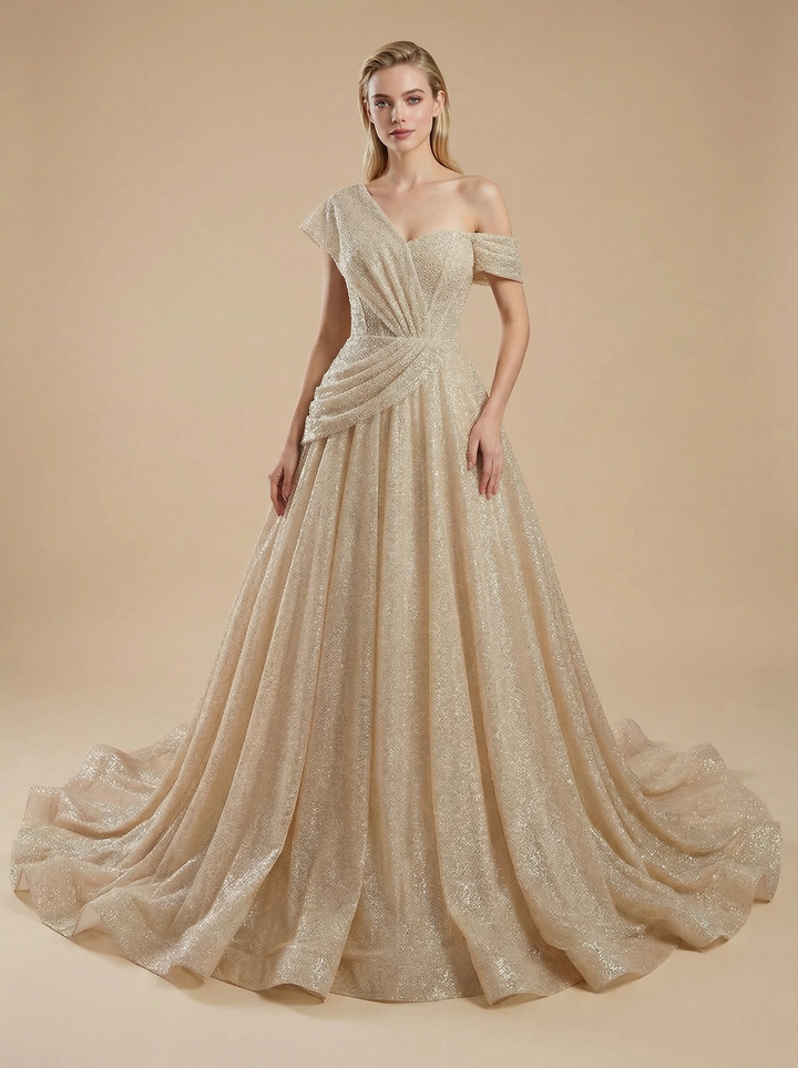 A-Line Off Shoulder Ruched Maxi Long Sequin Tulle Wedding Dresses Online