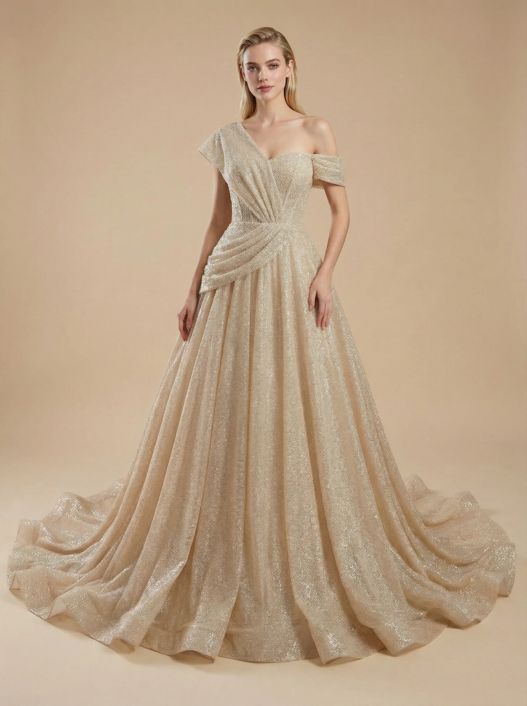 A-Line Off Shoulder Ruching Maxi Long Sequin Wedding Dresses Online