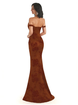 Trendy Off Shoulder Mermaid Floral Satin Maxi Floral Evening Formal Dresses