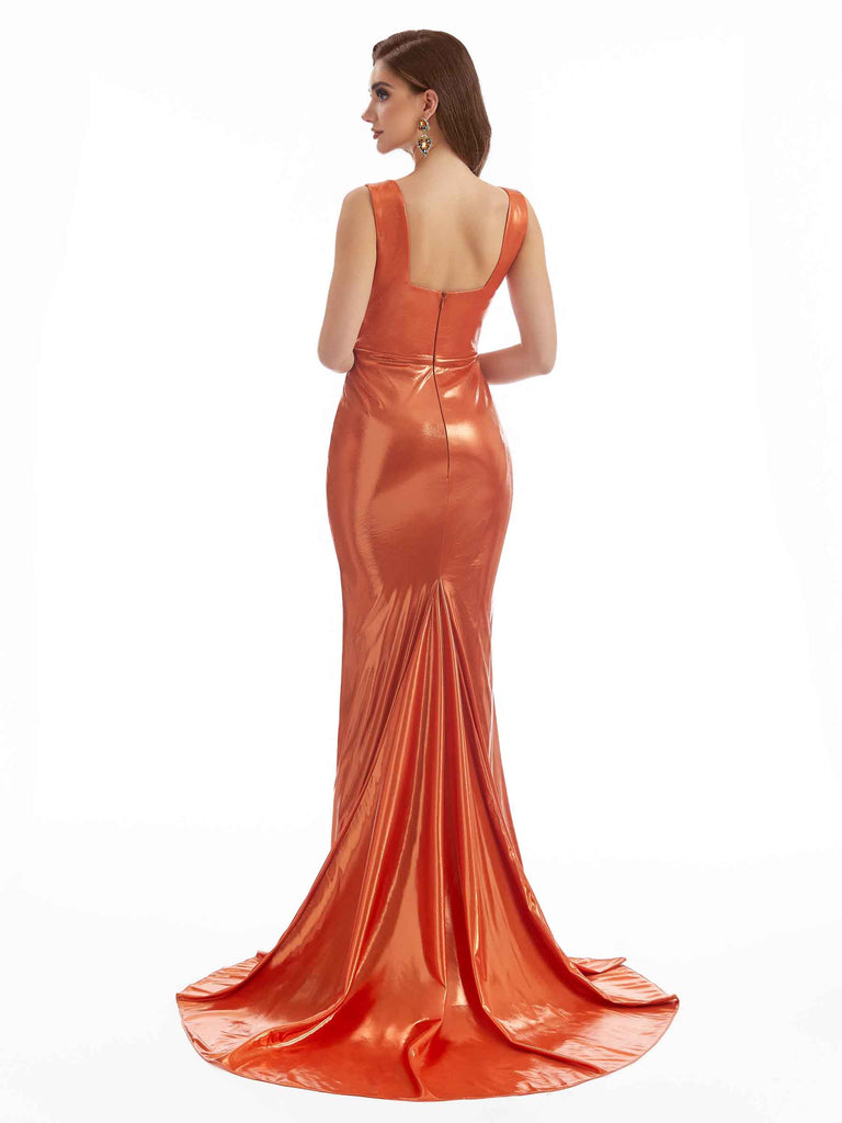 Sexy Mermaid Square Neckline Metallic Stretch Shiny Fabric Long Bridesmaid Dresses Online