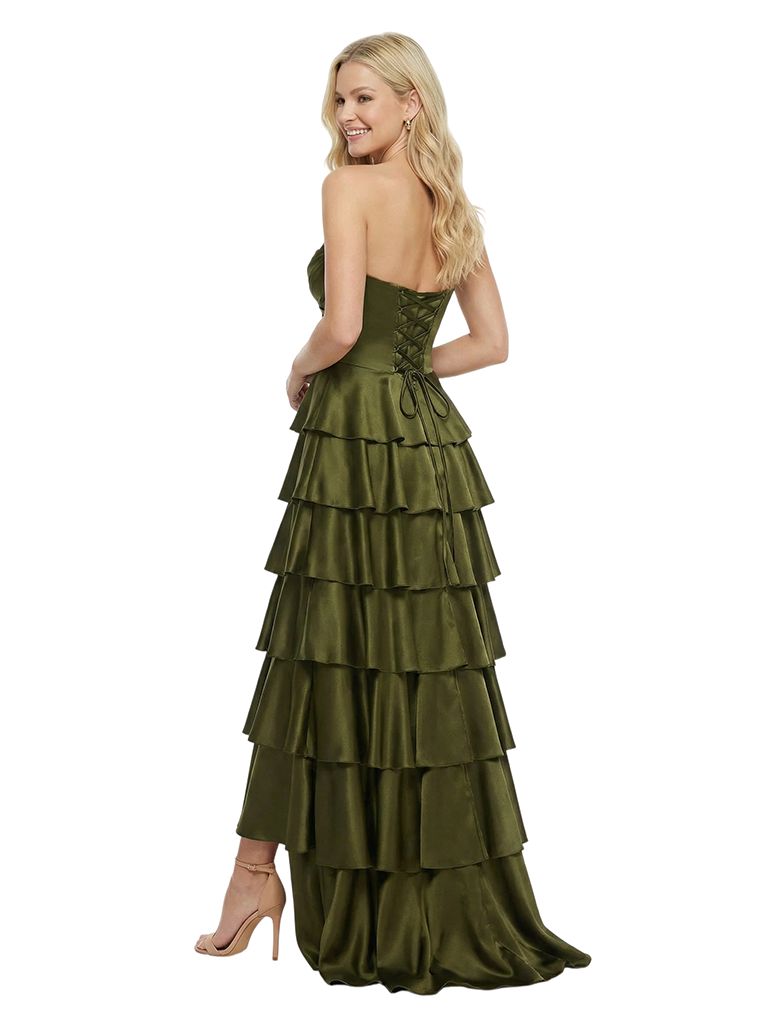 Classy Strapless Tiered Ruffle Lace Up Back Glossy Satin A-Line Prom Dress