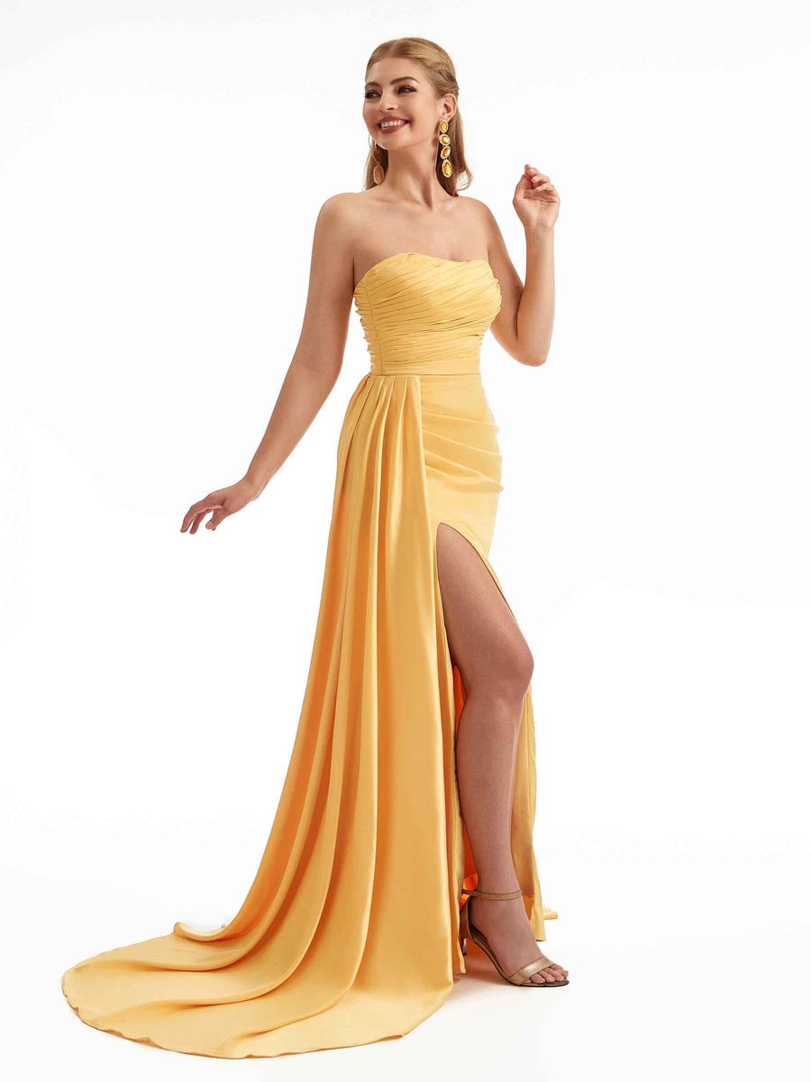 Strapless Side Sash Overlay Boho Bridesmaid Dresses Stretch Satin
