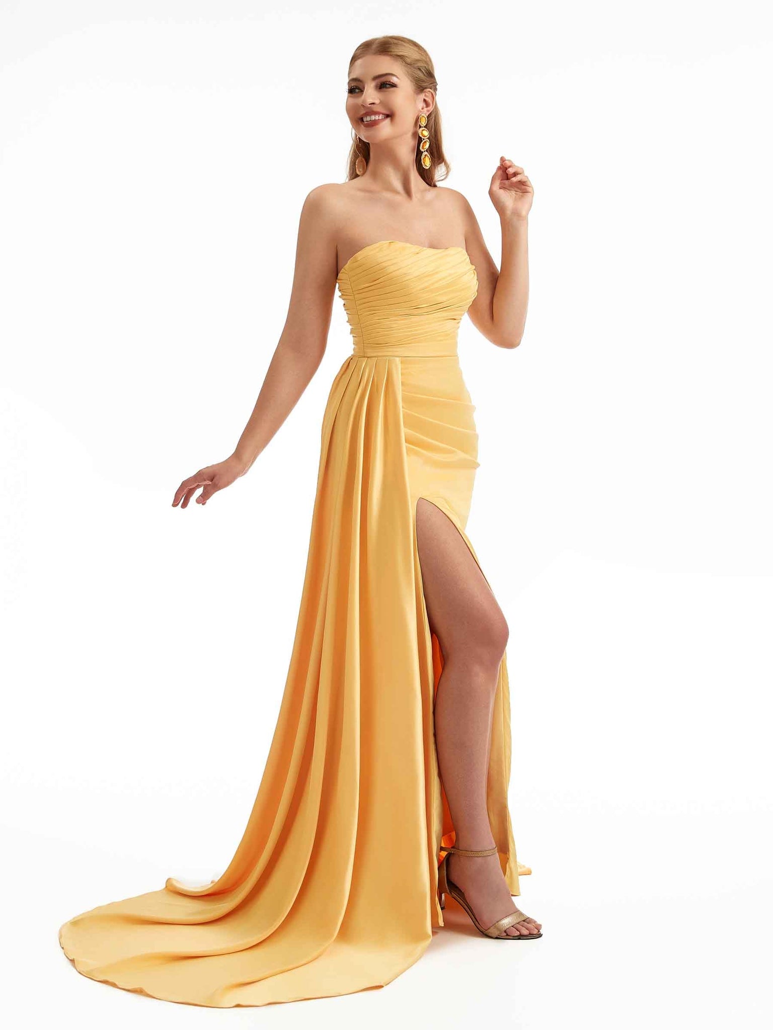 Strapless Side Sash Overlay Boho Bridesmaid Dresses Stretch Satin